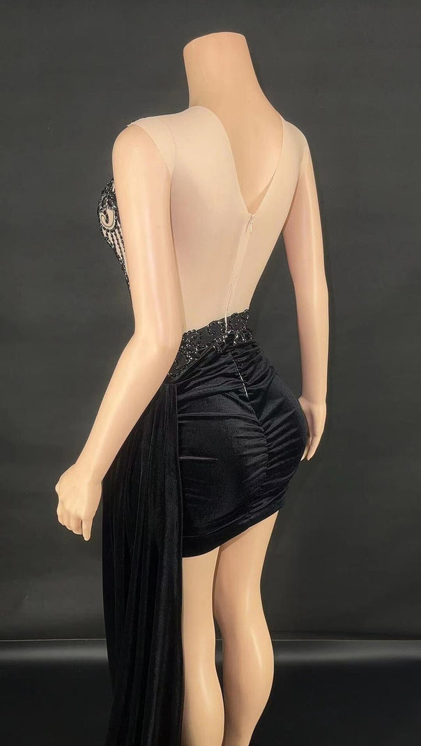 AIIZIE RHINESTONE DRAPED VELVET DRESS IN BLACK - product image