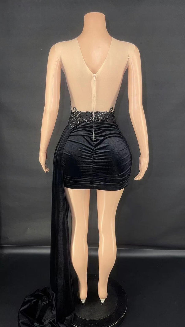AIIZIE RHINESTONE DRAPED VELVET DRESS IN BLACK - product image