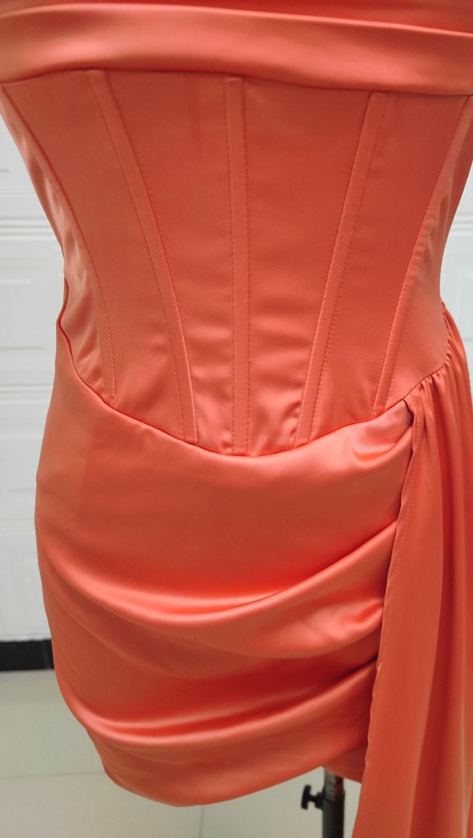 SATIN RUCHED MINI DRESS IN ORANGE