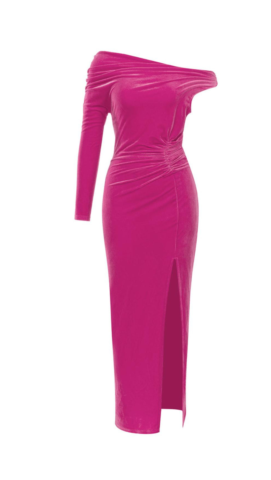 ROSE RED ONE-SHOULDER LONG-SLEEVED SLIT MAXI DRESS