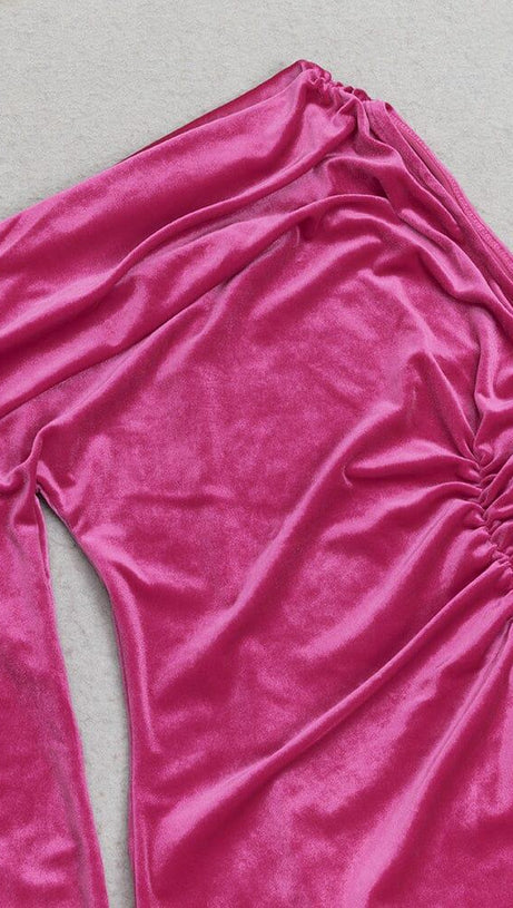 ROSE RED ONE-SHOULDER LONG-SLEEVED SLIT MAXI DRESS