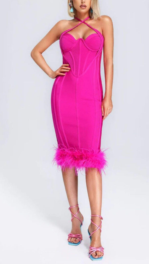 AIIZIE ROSE RED OSTRICH FEATHER HALTER NECK BACKLESS TIGHT DRESS - product image