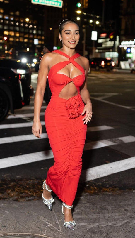 HALTER CUT OUT MAXI DRESS IN RED