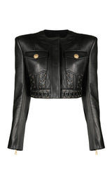 ROUND NECK HEAVY DUTY ROPE SHORT LEATHER JACKET SUIT