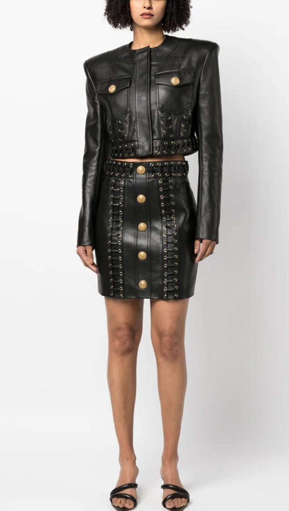 ROUND NECK HEAVY DUTY ROPE SHORT LEATHER JACKET SUIT