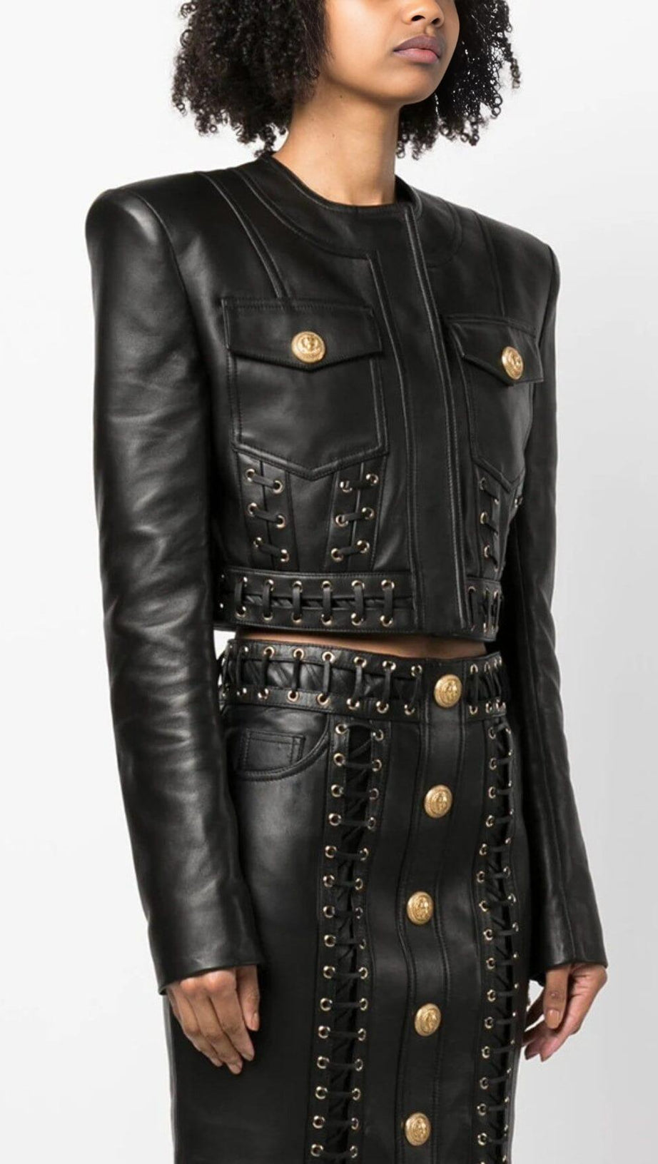 ROUND NECK HEAVY DUTY ROPE SHORT LEATHER JACKET SUIT