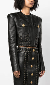 ROUND NECK HEAVY DUTY ROPE SHORT LEATHER JACKET SUIT