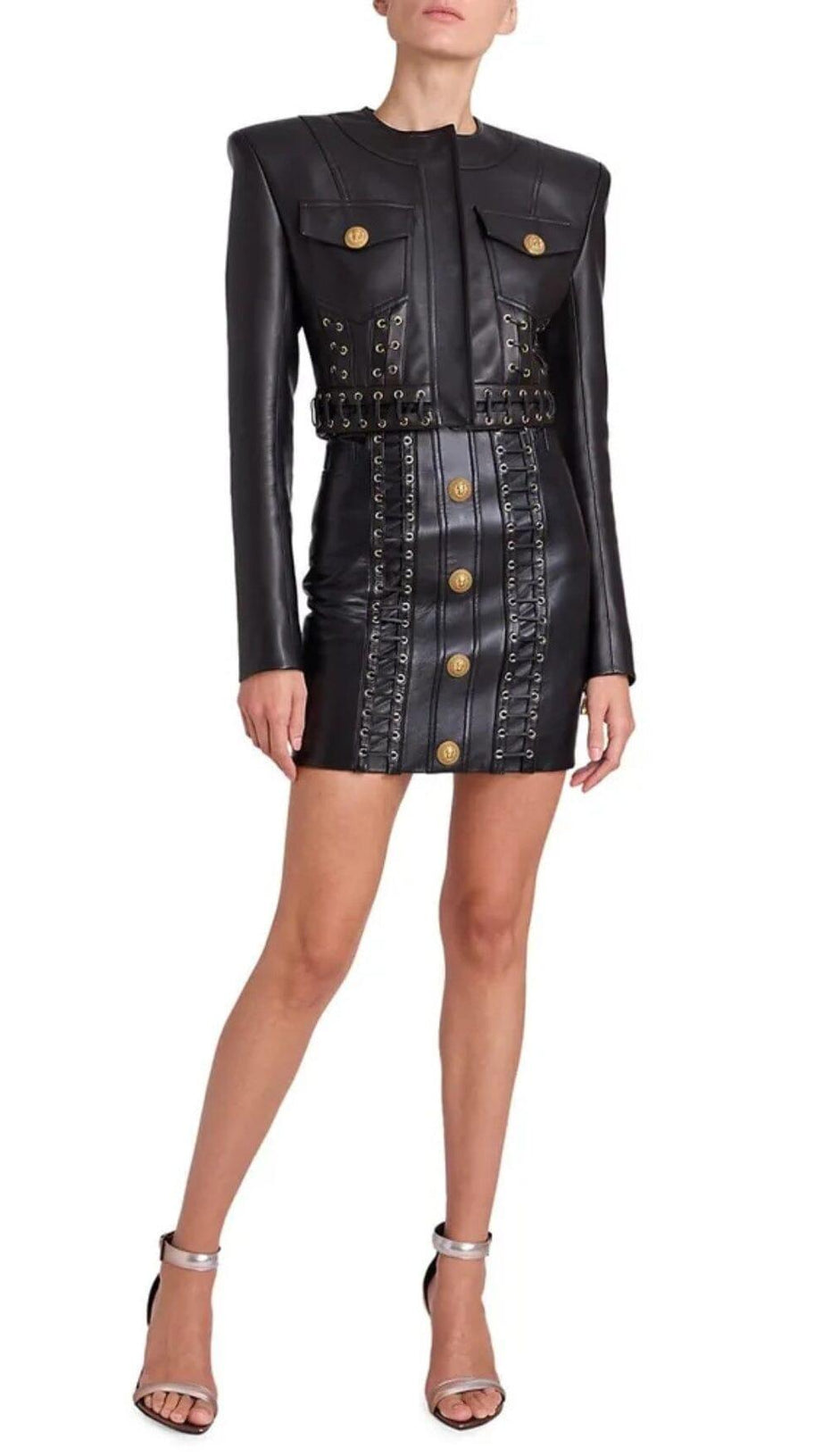 ROUND NECK HEAVY DUTY ROPE SHORT LEATHER JACKET SUIT