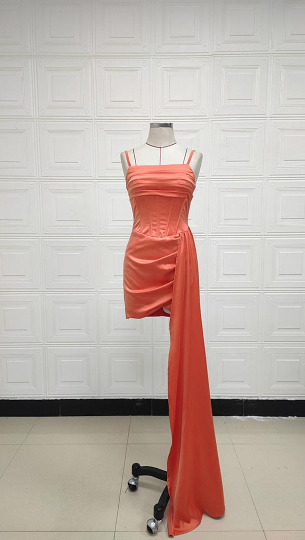 AIIZIE SATIN RUCHED MINI DRESS IN ORANGE - product image