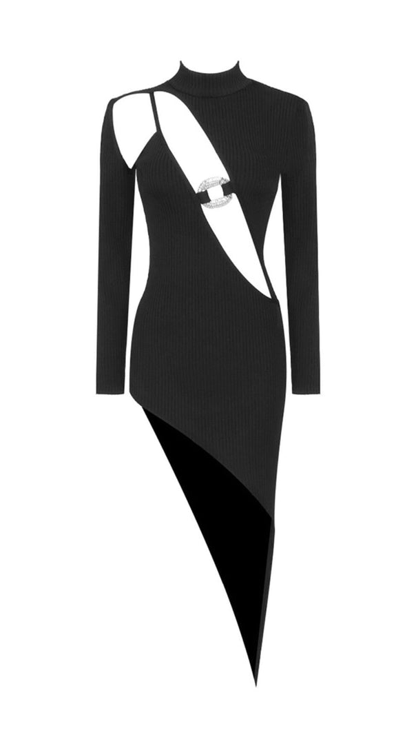 AIIZIE LONG SLEEVES SEXY HOLLOW OUT IRREGULAR BLACK BANDAGE BODYCON DRESS - product image