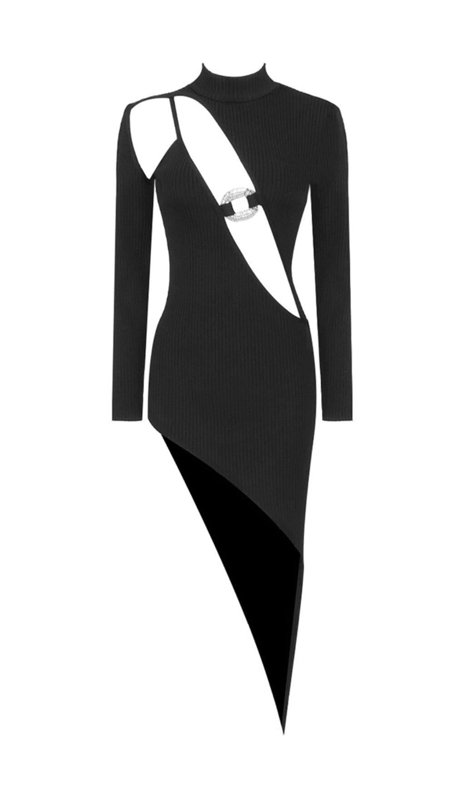 Sexy, ausgehöhltes, unregelmäßiges schwarzes, figurbetontes Bandage-Kleid mit langen Ärmeln