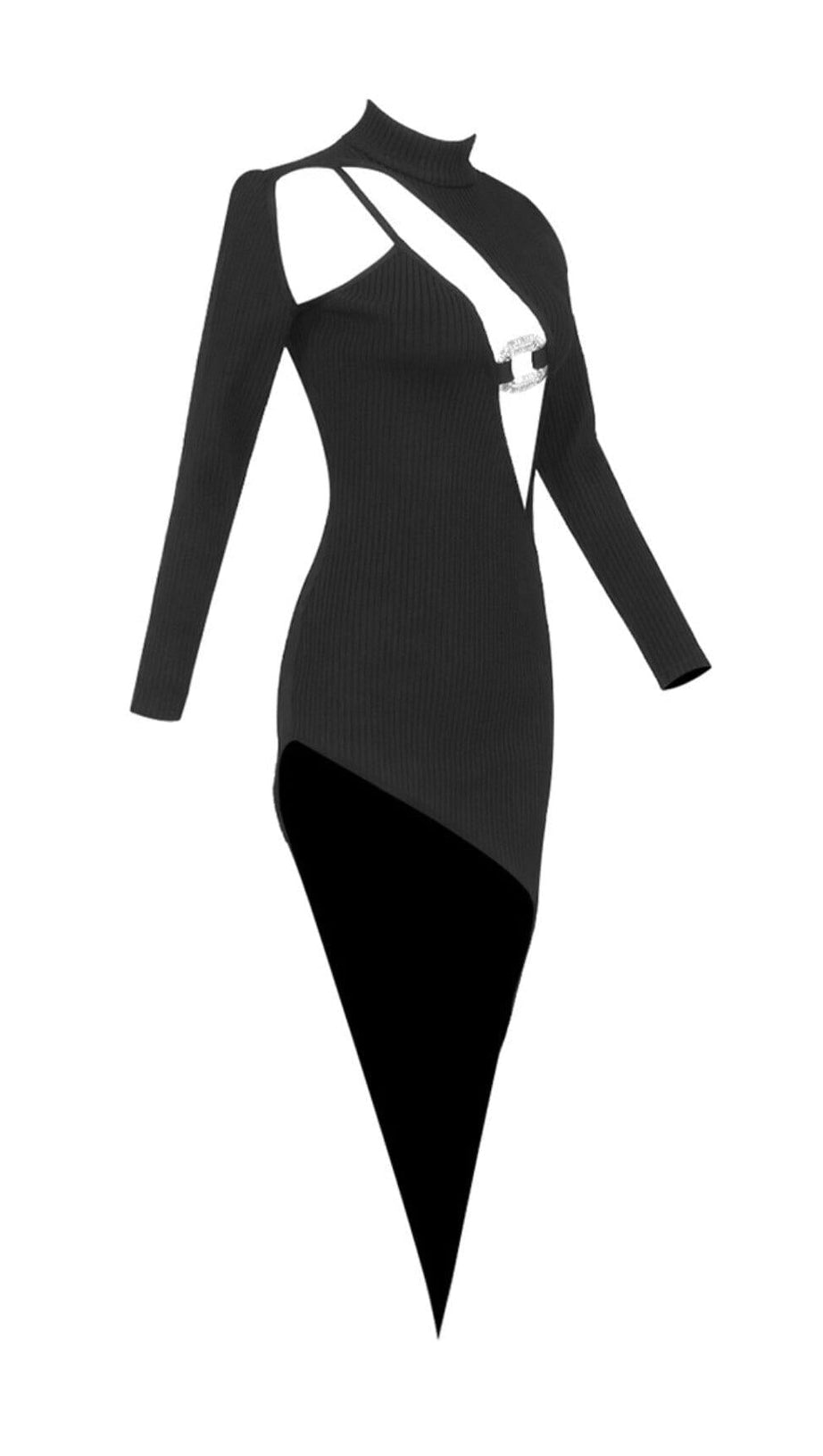 ABITO ADERENTE NERO IRREGOLARE SEXY A MANICHE LUNGHE CON INCAVATURA