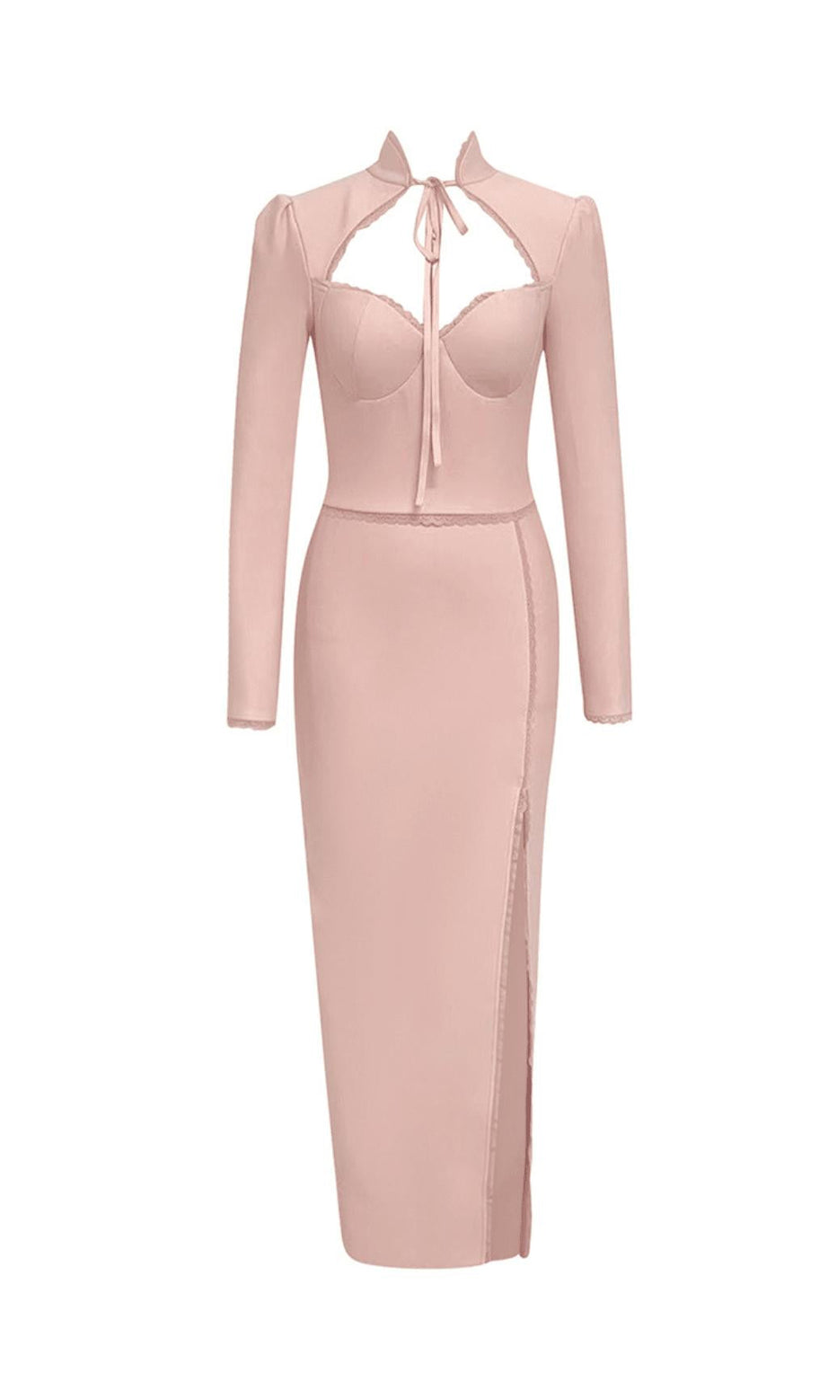 Tief ausgeschnittenes, langärmliges, schlankmachendes, enges Maxikleid mit Schlitz