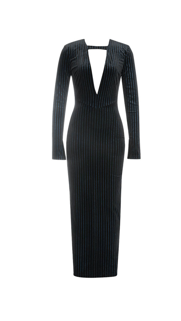 AIIZIE LOW-CUT LONG-SLEEVED STRIPED BODYCON MAXI DRESS - product image