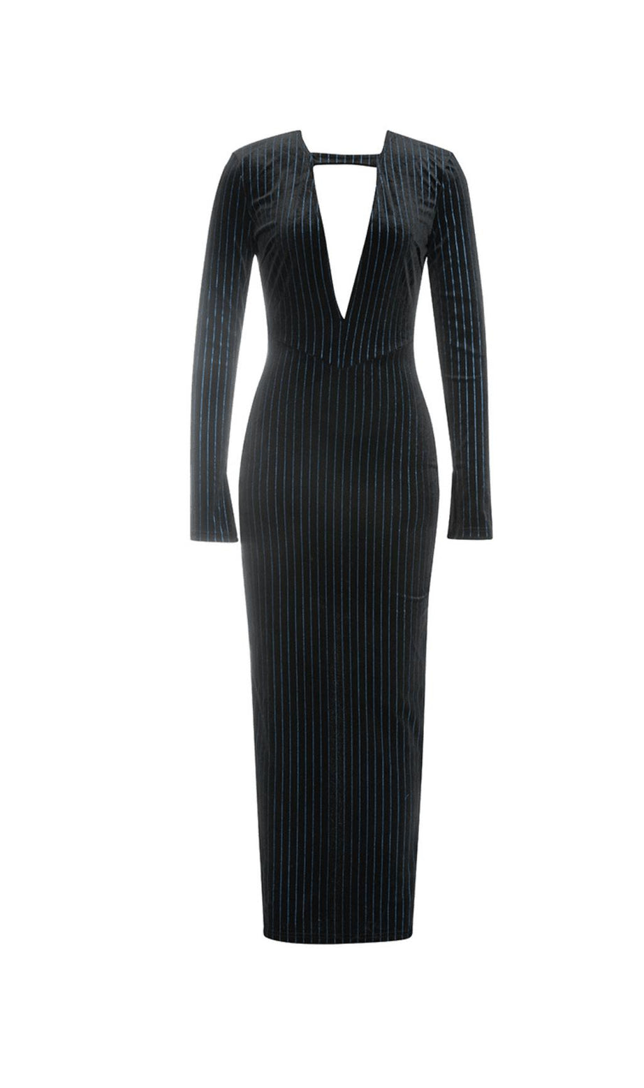 Tief ausgeschnittenes, figurbetontes Maxikleid mit langen Ärmeln und Streifen