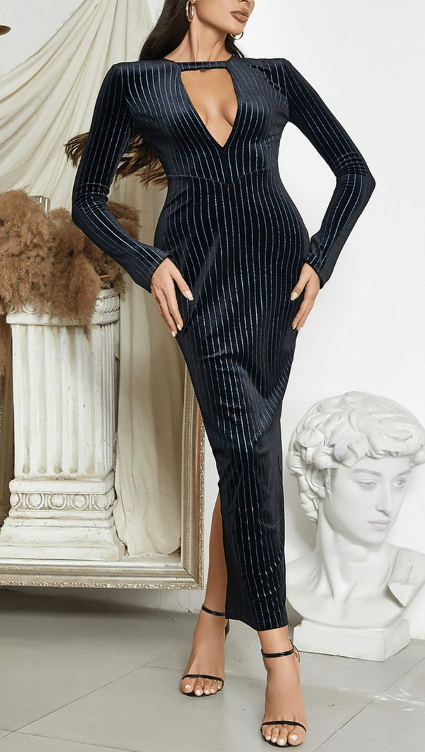 AIIZIE LOW-CUT LONG-SLEEVED STRIPED BODYCON MAXI DRESS - product image