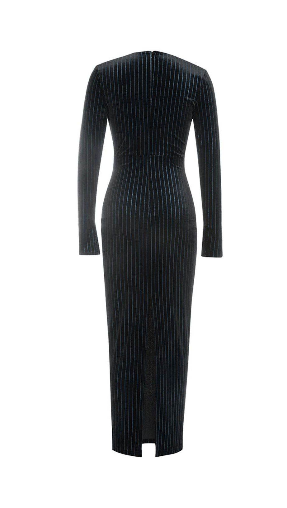LOW-CUT LONG-SLEEVED STRIPED BODYCON MAXI DRESS