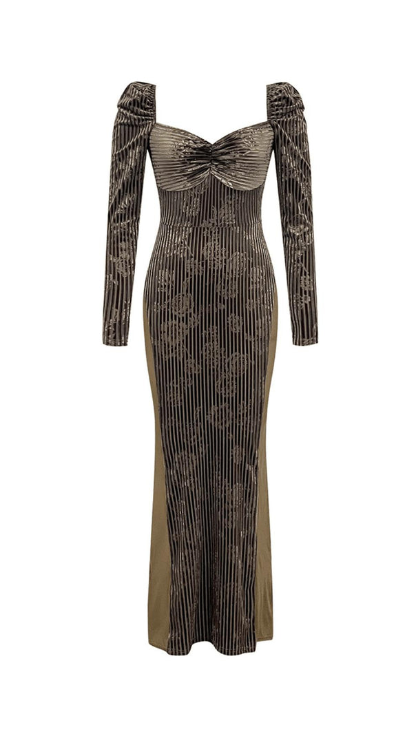 AIIZIE LOW-CUT SQUARE NECK LONG-SLEEVED PLEATED PRINTED LACE MAXI DRESS - product image
