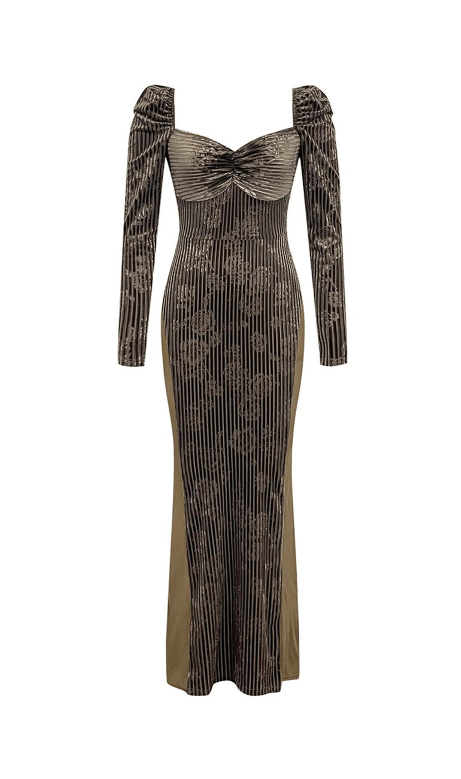 Tief ausgeschnittenes Maxikleid mit quadratischem Ausschnitt, langen Ärmeln, plissiertem Print und Spitze