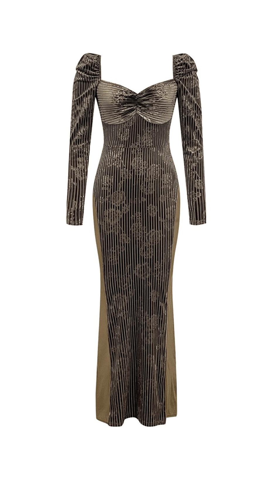 LOW-CUT SQUARE NECK LONG-SLEEVED PLEATED PRINTED LACE MAXI DRESS