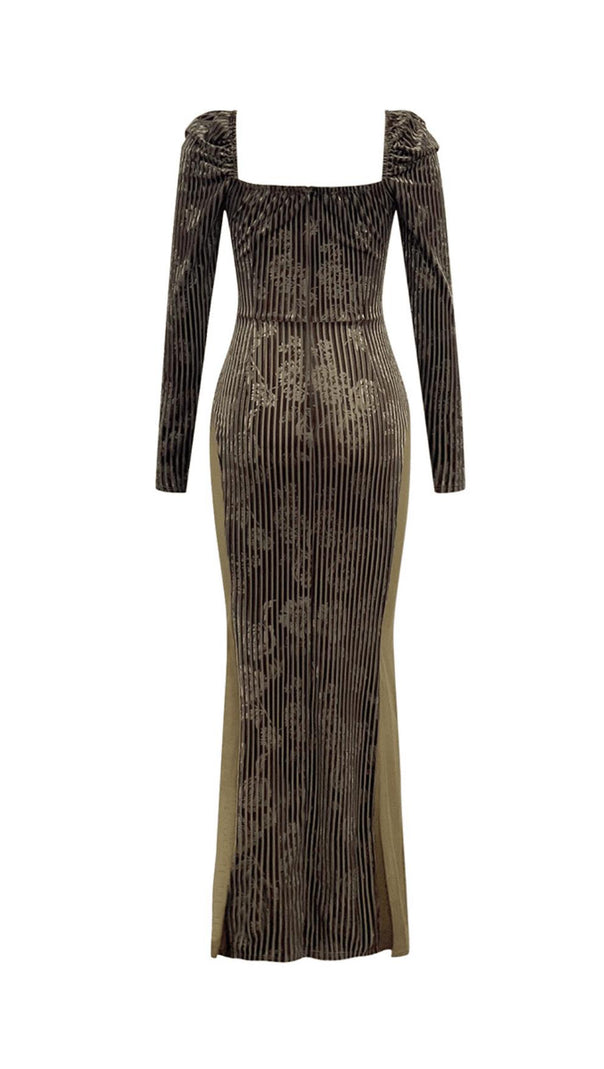 AIIZIE LOW-CUT SQUARE NECK LONG-SLEEVED PLEATED PRINTED LACE MAXI DRESS - product image