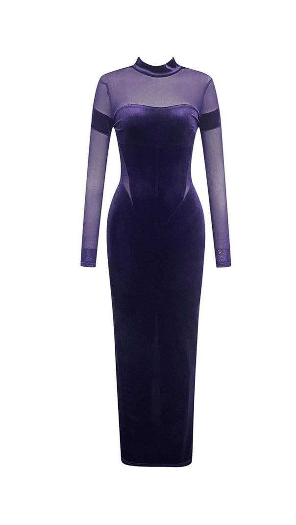 AIIZIE MESH LONG-SLEEVED VELVET PATCHWORK MAXI DRESS - product image