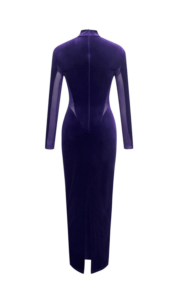 AIIZIE MESH LONG-SLEEVED VELVET PATCHWORK MAXI DRESS - product image