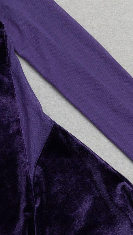 MESH LONG-SLEEVED VELVET PATCHWORK MAXI DRESS