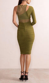 MESH ONE SHOULDER LAYERED DRESS WITH RUCHING