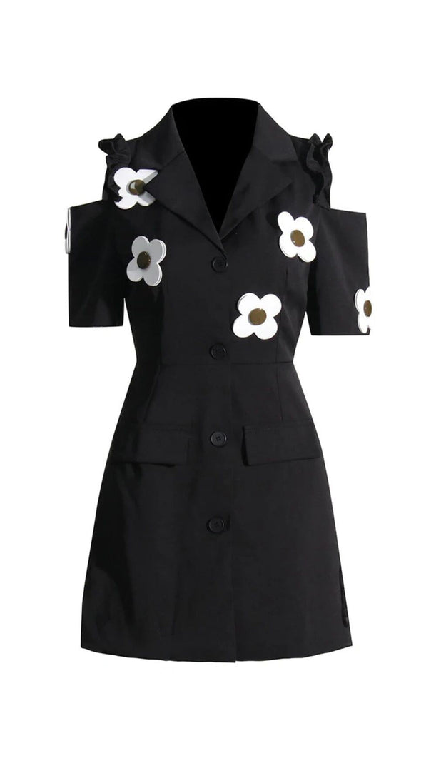 AIIZIE NOTCHED SHORT SLEEVE PATCHWORK APPLIQUES SINGLE BREASTED MINI DRESS - product image