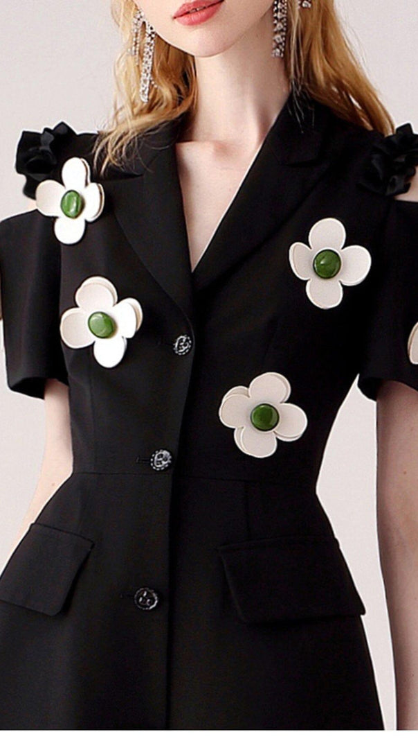 AIIZIE NOTCHED SHORT SLEEVE PATCHWORK APPLIQUES SINGLE BREASTED MINI DRESS - product image