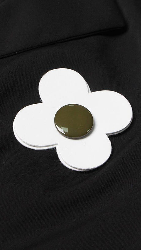 NOTCHED SHORT SLEEVE PATCHWORK APPLIQUES SINGLE BREASTED MINI DRESS