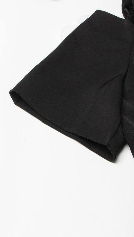 NOTCHED SHORT SLEEVE PATCHWORK APPLIQUES SINGLE BREASTED MINI DRESS