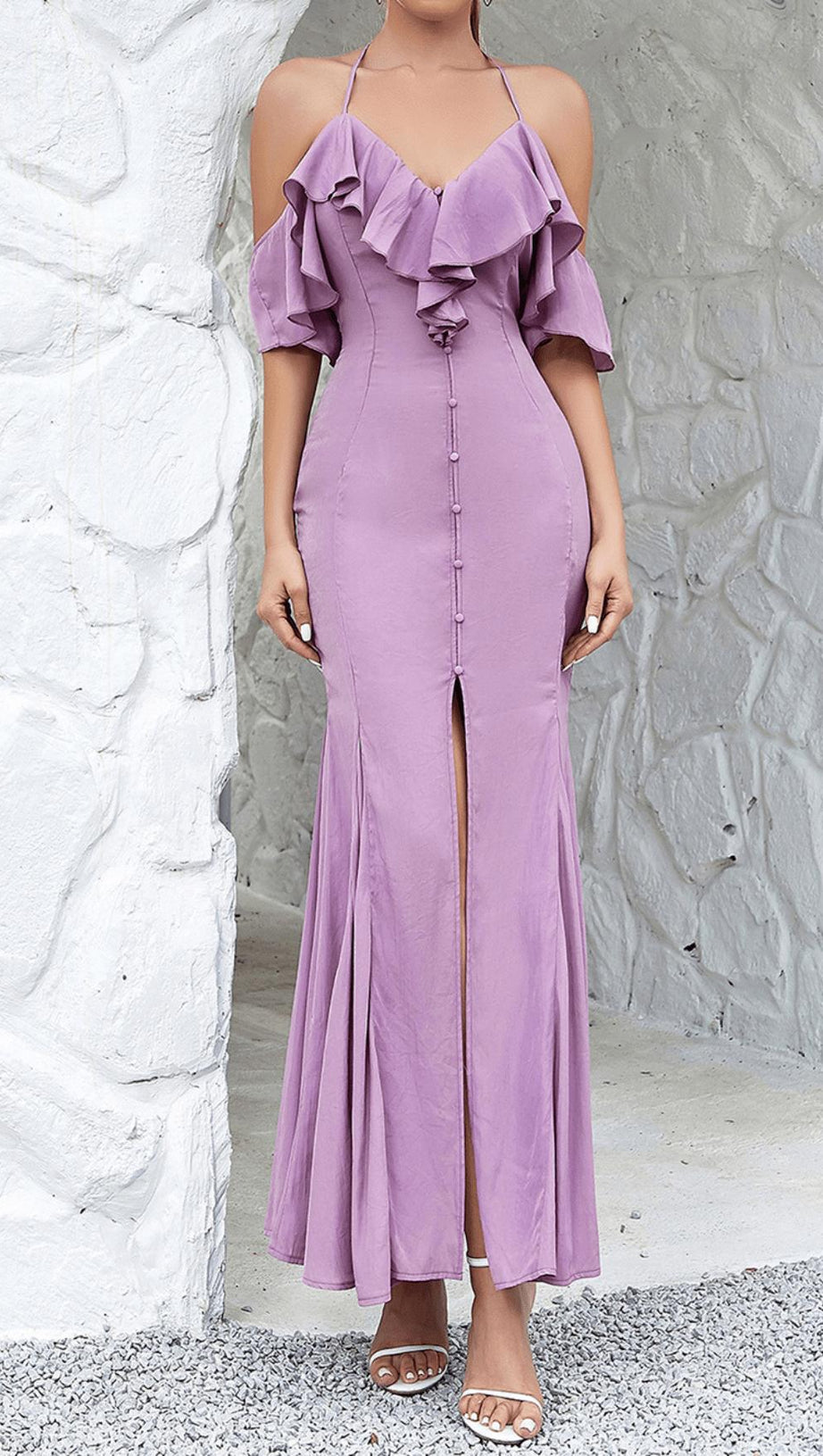OFF-THE-SHOULDER PLEATED SLIT RUFFLED MAXI DRESS