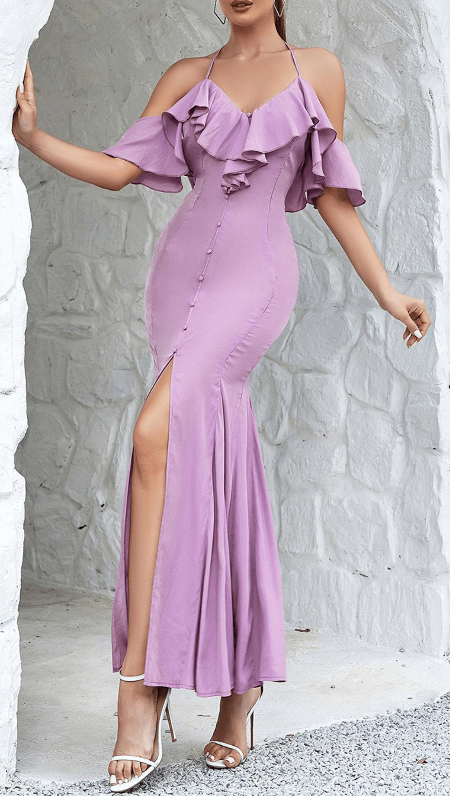 OFF-THE-SHOULDER PLEATED SLIT RUFFLED MAXI DRESS