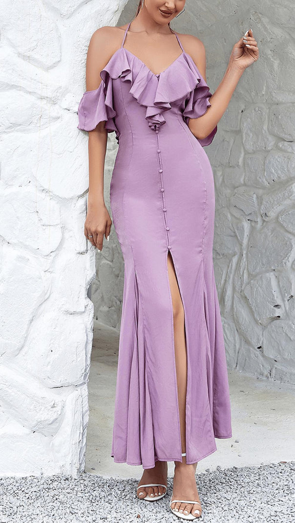 AIIZIE OFF-THE-SHOULDER PLEATED SLIT RUFFLED MAXI DRESS - product image