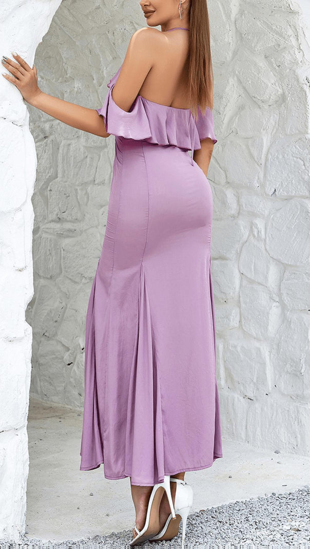 AIIZIE OFF-THE-SHOULDER PLEATED SLIT RUFFLED MAXI DRESS - product image