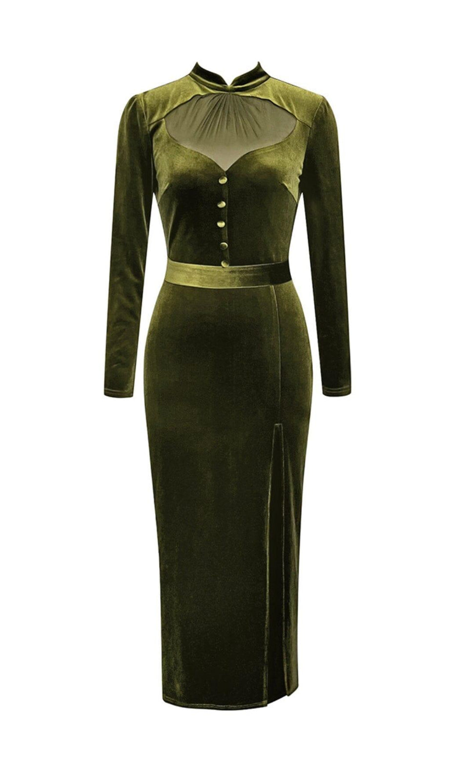 OLIVE GREEN MESH VELVET SLIT HIP-HUGGING DRESS