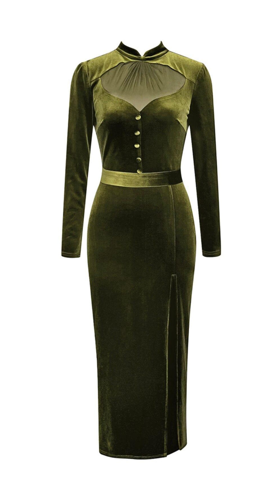 Olivgrünes, hüftbetontes Netz-Samtkleid mit Schlitzen
