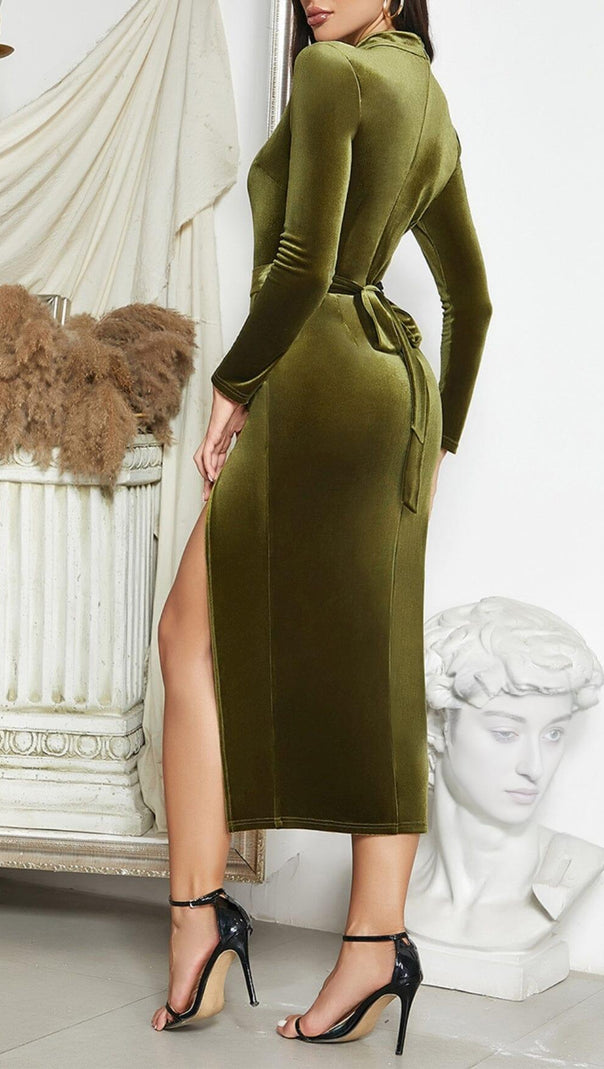 AIIZIE OLIVE GREEN MESH VELVET SLIT HIP-HUGGING DRESS - product image