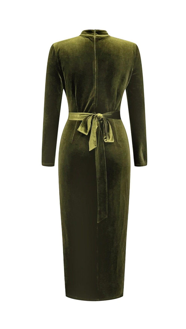 AIIZIE OLIVE GREEN MESH VELVET SLIT HIP-HUGGING DRESS - product image