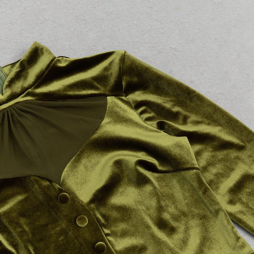AIIZIE OLIVE GREEN MESH VELVET SLIT HIP-HUGGING DRESS - product image