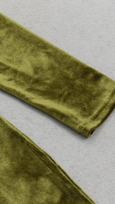 OLIVE GREEN MESH VELVET SLIT HIP-HUGGING DRESS