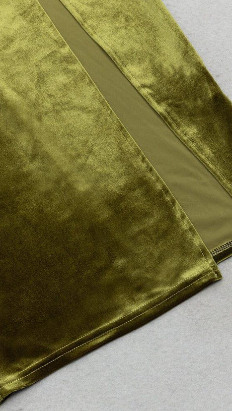 OLIVE GREEN MESH VELVET SLIT HIP-HUGGING DRESS