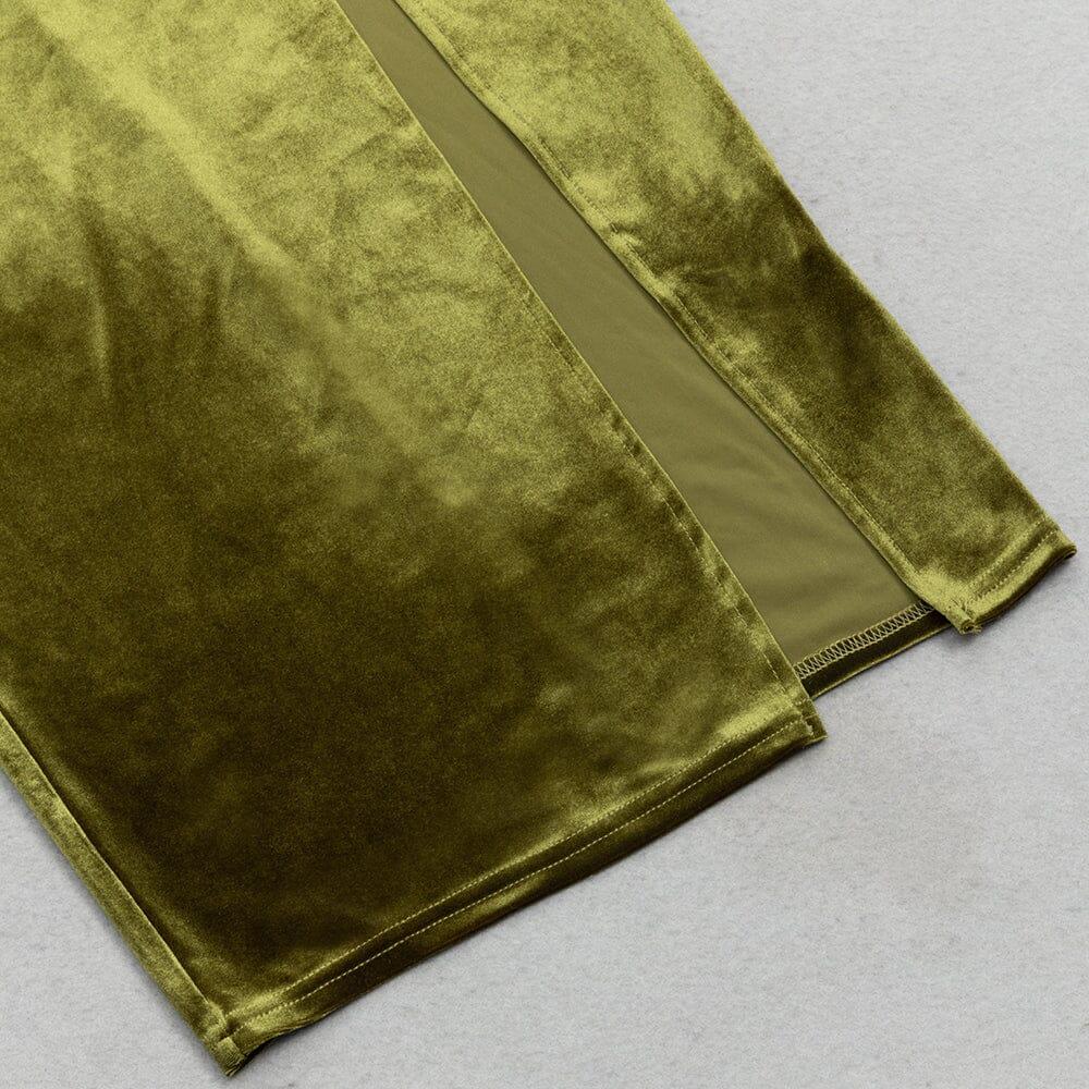 AIIZIE OLIVE GREEN MESH VELVET SLIT HIP-HUGGING DRESS - product image