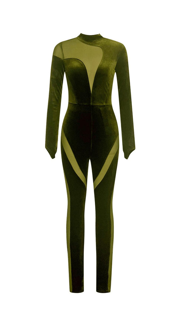 AIIZIE OLIVE GREEN VELVET CASUAL LONG-SLEEVED TIGHT MESH JUMPSUIT - product image