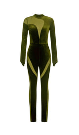 OLIVE GREEN VELVET CASUAL LONG-SLEEVED TIGHT MESH JUMPSUIT