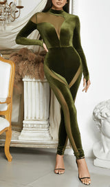 OLIVE GREEN VELVET CASUAL LONG-SLEEVED TIGHT MESH JUMPSUIT