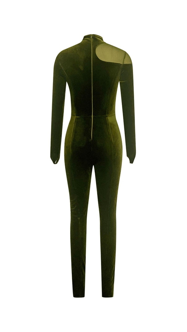 AIIZIE OLIVE GREEN VELVET CASUAL LONG-SLEEVED TIGHT MESH JUMPSUIT - product image