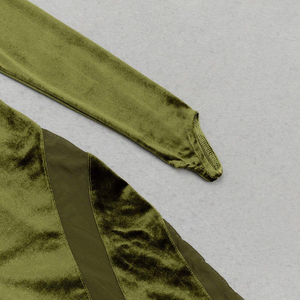 AIIZIE OLIVE GREEN VELVET CASUAL LONG-SLEEVED TIGHT MESH JUMPSUIT - product image